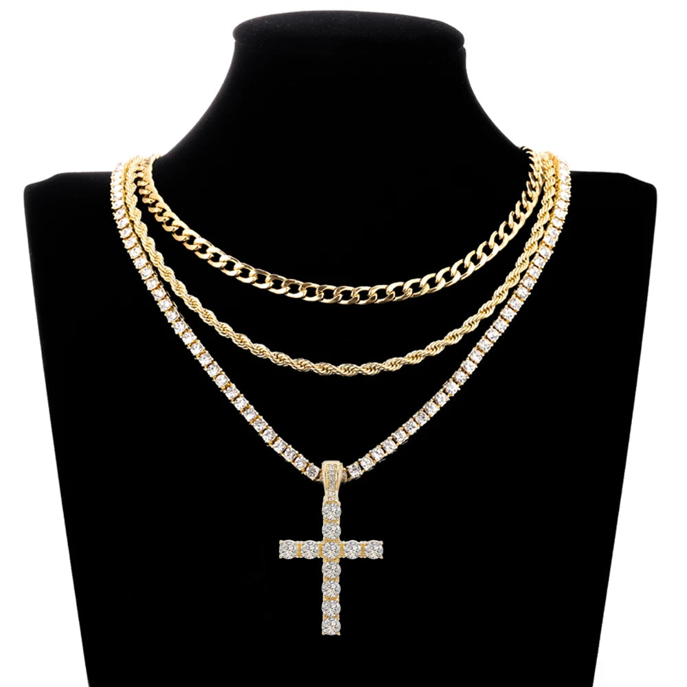 Men Women Hip Hop Cross Pendant Necklace 