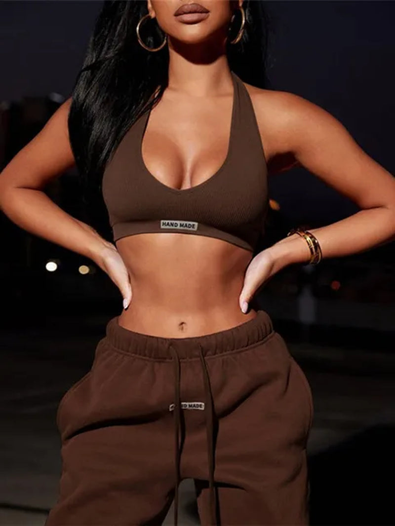 Sporty Two Piece Set Girl Halter Crop Tops + Drawstring Sweatpants Slim Activewear 