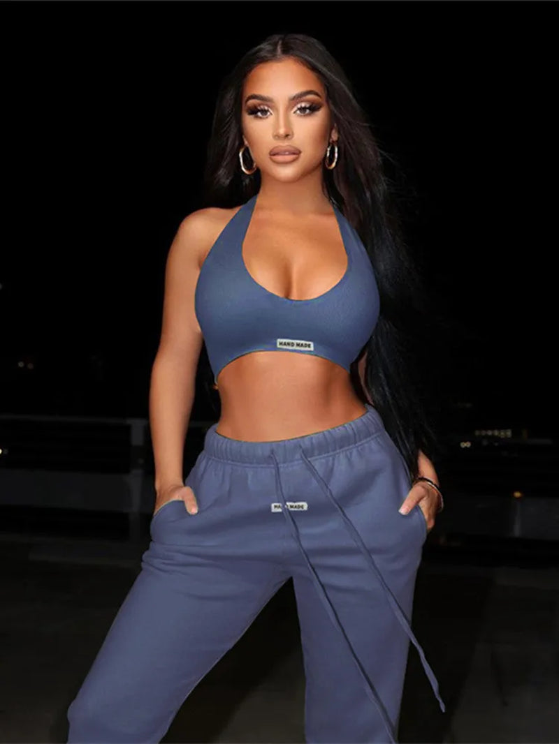 Sporty Two Piece Set Girl Halter Crop Tops + Drawstring Sweatpants Slim Activewear 