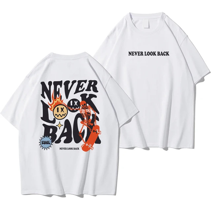 Never Look Back Creative Smile Skull Printing Cartoons Street Print Tshirt Man Loose Tee Clothes Cotton Crewneck Tops T-Shirt