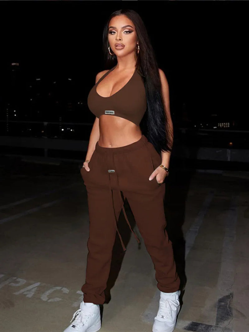 Sporty Two Piece Set Girl Halter Crop Tops + Drawstring Sweatpants Slim Activewear 